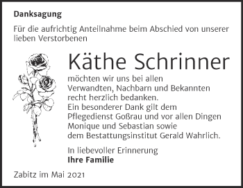 Traueranzeige von Käthe Schrinner von Trauerkombi Mansfelder Land