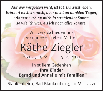 Traueranzeige von Käthe Ziegler von Trauerkombi Sangerhausen