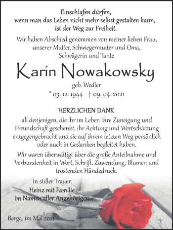 Traueranzeige von karin Nowakowsky von Trauerkombi Sangerhausen