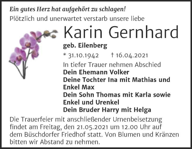  Traueranzeige für Karin Gernhard vom 15.05.2021 aus Mitteldeutsche Zeitung Halle/Saalkreis
