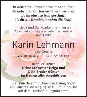 Traueranzeige von Karin Lehmann von Trauerkombi Bitterfeld