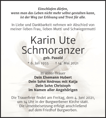 Traueranzeige von Karin Ute Schmoranzer von Trauerkombi Weißenfels