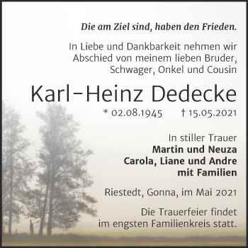 Traueranzeige von Karl-Heinz Dedecke von Trauerkombi Sangerhausen