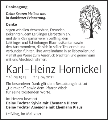 Traueranzeige von Karl-Heinz Hornickel von Trauerkombi Weißenfels