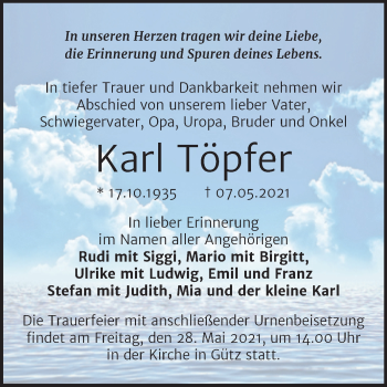 Traueranzeige von Karl Töpfer von Mitteldeutsche Zeitung Halle/Saalkreis