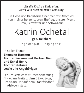 Traueranzeige von Katrin Ocheta von Trauerkombi Bernburg