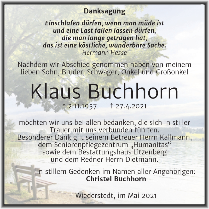  Traueranzeige für Klaus Buchhorn vom 29.05.2021 aus Trauerkombi Mansfelder Land