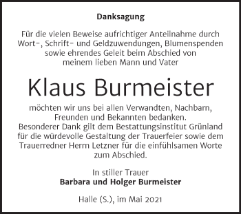Traueranzeige von Klaus Burmeister von Mitteldeutsche Zeitung Halle/Saalkreis