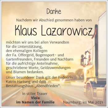 Traueranzeige von Klaus Lazarowicz von Wochenspiegel Naumburg/Nebra