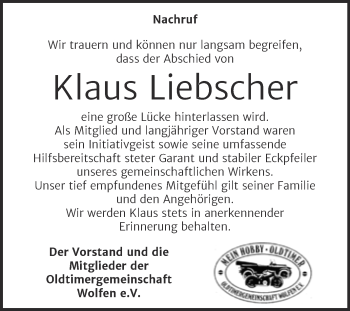 Traueranzeige von Klaus Liebscher von Wochenspiegel Bitterfeld