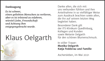 Traueranzeige von Klaus Oelgarth von Trauerkombi Aschersleben