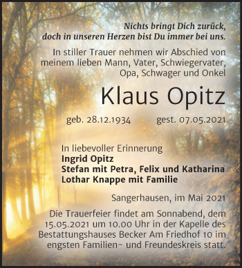 Traueranzeige von Klaus Opitz von Mitteldeutsche Zeitung Sangerhausen