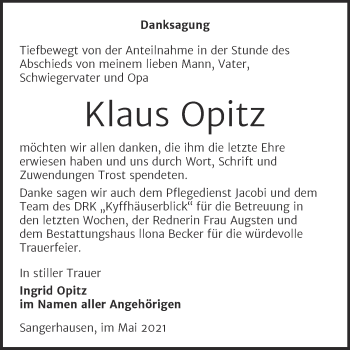 Traueranzeige von Klaus Opitz von Trauerkombi Sangerhausen