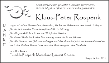 Traueranzeige von Klaus-Peter Rospenk von Trauerkombi Sangerhausen