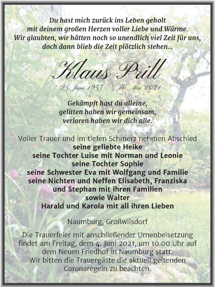  Traueranzeige für Klaus Prill vom 22.05.2021 aus Naumburger Tageblatt