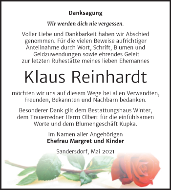 Traueranzeige von Klaus Reinhardt von Trauerkombi Bitterfeld