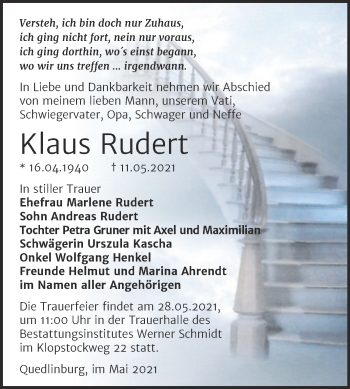 Traueranzeige von Klaus Rudert von Trauerkombi Quedlinburg