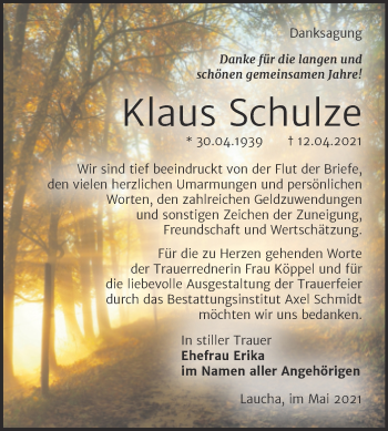 Traueranzeige von Klaus Schulze von Wochenspiegel Naumburg/Nebra