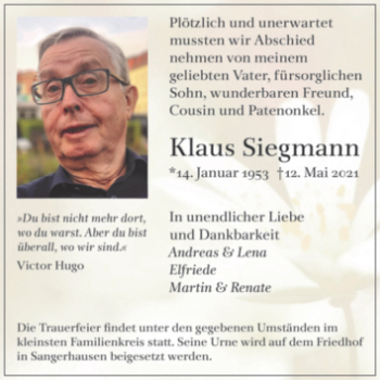 Traueranzeige von Klaus Siegmann von Trauerkombi Sangerhausen