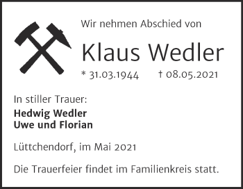 Traueranzeige von Klaus Wedler von Trauerkombi Mansfelder Land