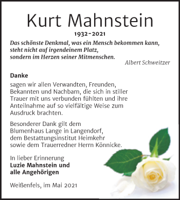 Traueranzeige von Kurt Mahnstein von Trauerkombi Weißenfels