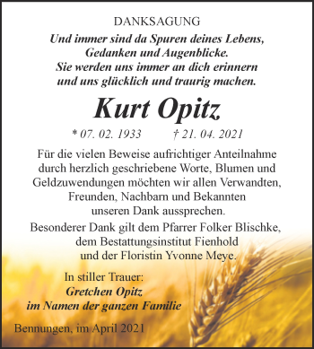 Traueranzeige von Kurt Opitz von Trauerkombi Sangerhausen