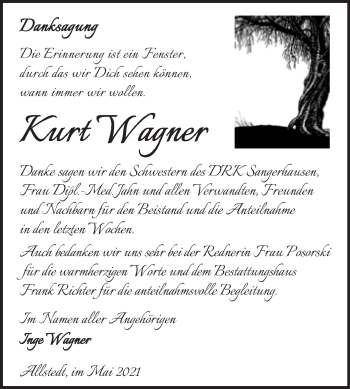 Traueranzeige von Kurt Wagner von Trauerkombi Sangerhausen