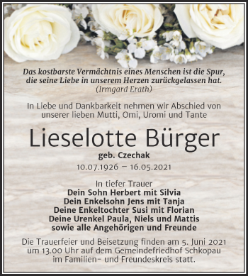 Traueranzeige von Lieselotte Bürger von Trauerkombi Merseburg