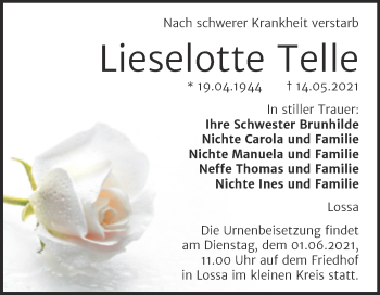 Traueranzeige von Lieselotte Telle von Wochenspiegel Naumburg/Nebra