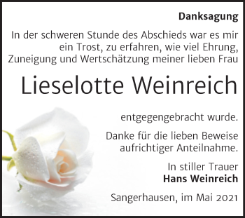 Traueranzeige von Lieselotte Weinreich von Trauerkombi Sangerhausen