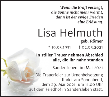 Traueranzeige von Lisa Helmuth von Trauerkombi Mansfelder Land