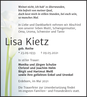 Traueranzeige von Lisa Kietz von Trauerkombi Mansfelder Land