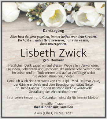 Traueranzeige von Lisbeth Zwick von Trauerkombi Köthen