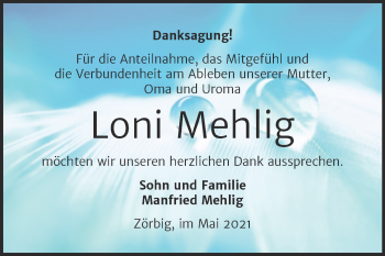 Traueranzeige von Loni Mehlig von Trauerkombi Bitterfeld