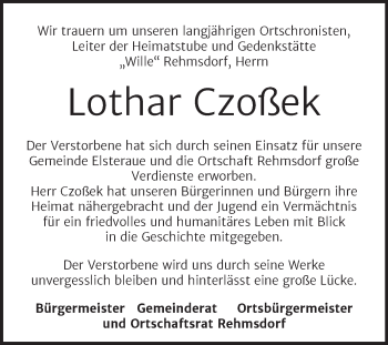 Traueranzeige von Lothar Czoßek von Super Sonntag Zeitz