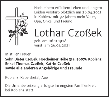 Traueranzeige von Lothar Czoßek von Trauerkombi Zeitz