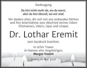 Traueranzeige von Lothar Eremit von Trauerkombi Merseburg