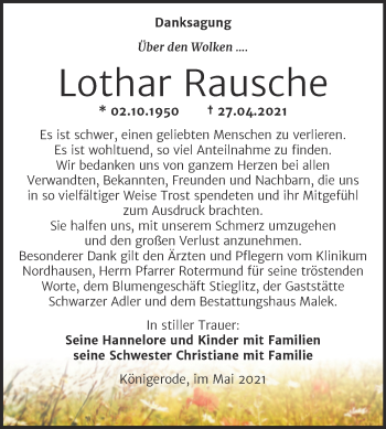 Traueranzeige von Lothar Rausche von Trauerkombi Mansfelder Land