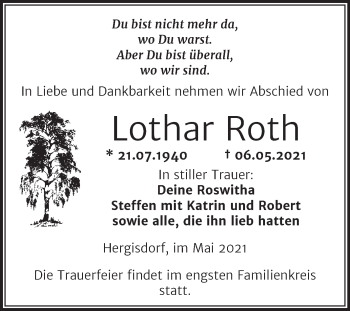 Traueranzeige von Lothar Roth von Trauerkombi Mansfelder Land