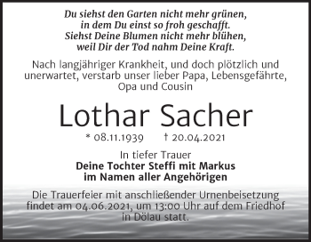 Traueranzeige von Lothar Sacher von Mitteldeutsche Zeitung Halle/Saalkreis