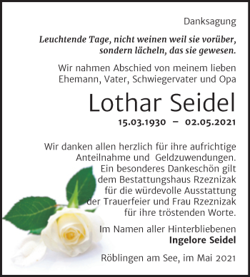 Traueranzeige von Lothar Seidel von Trauerkombi Mansfelder Land