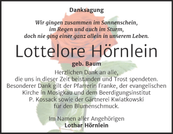 Traueranzeige von Lottelore Hörnlein von Trauerkombi Dessau