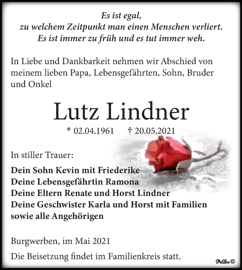  Traueranzeige für Lutz Lindner vom 29.05.2021 aus Trauerkombi Weißenfels