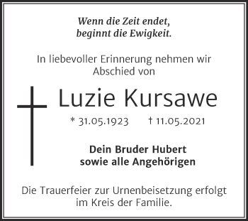 Traueranzeige von Luzie Kursawe von Trauerkombi Mansfelder Land