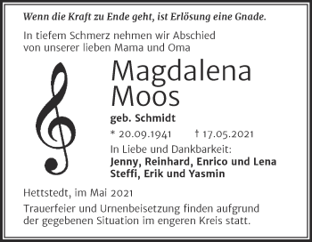 Traueranzeige von Magdalena Moos von Mitteldeutsche Zeitung Mansfelder Land