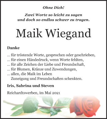 Traueranzeige von Maik Wiegand von Trauerkombi Weißenfels