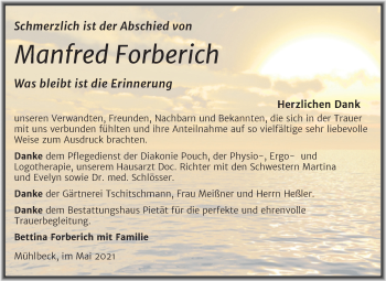 Traueranzeige von Manfred Forberich von Trauerkombi Bitterfeld