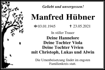 Traueranzeige von Manfred Hübner von Trauerkombi Wittenberg