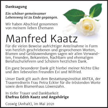 Traueranzeige von Manfred Kaatz von Trauerkombi Wittenberg