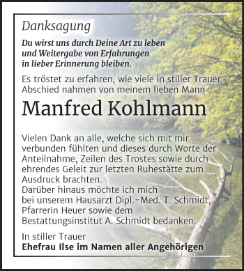 Traueranzeige von Manfred Kohlmann von Naumburger Tageblatt